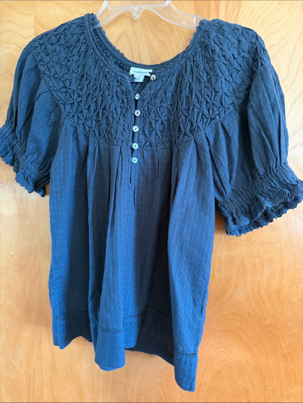 Sundance Navy Smocked Short-Sleeve Peasant Blouse